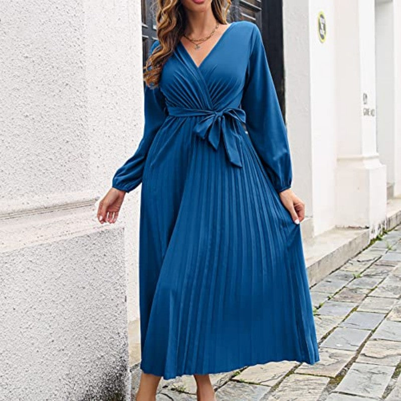 Langes plissiertes Wickelkleid mit Bindegürtel für Damen