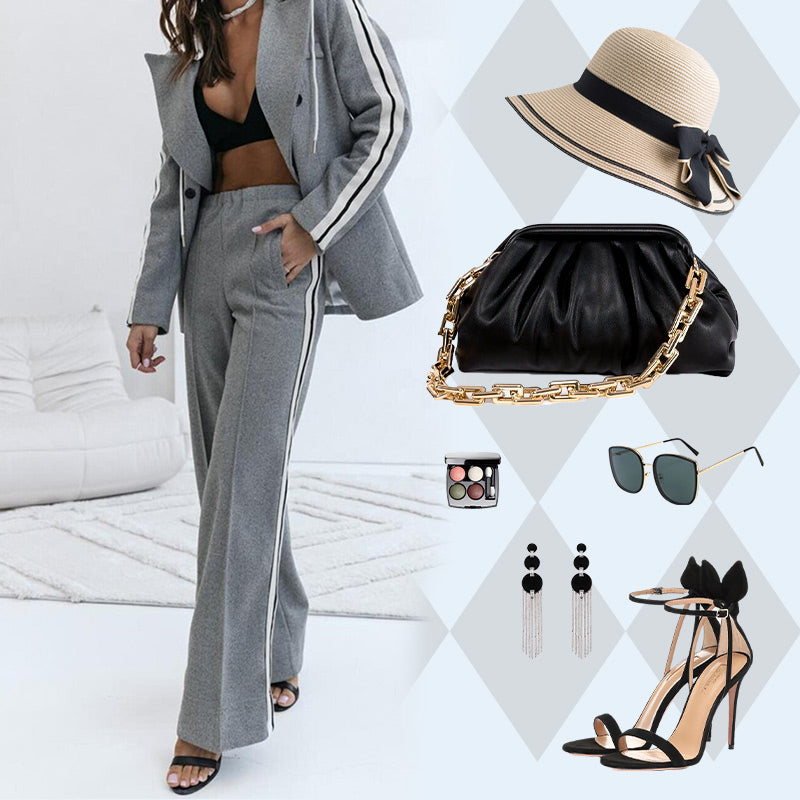 Lässiges 2-teiliges Damen-Set aus grauem Blazer-Oberteil und weiten Hosen 📦Freie Lieferung📦