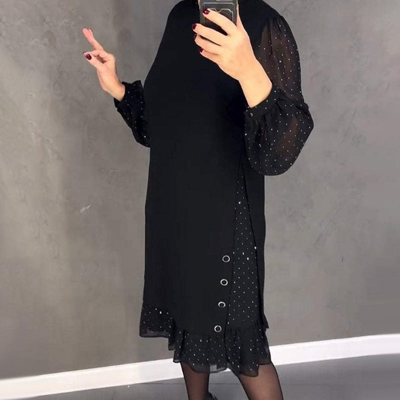 🔥Nuevo descuento 2025🍃Vestidos de mujer con cuello redondo y diamantes de imitación de color liso 📦Entrega gratuita
