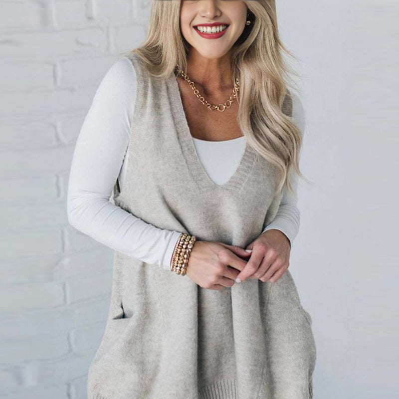 ❤️Räumungsverkauf❤️Damen Pullover-Weste mit V-Ausschnitt und Taschen