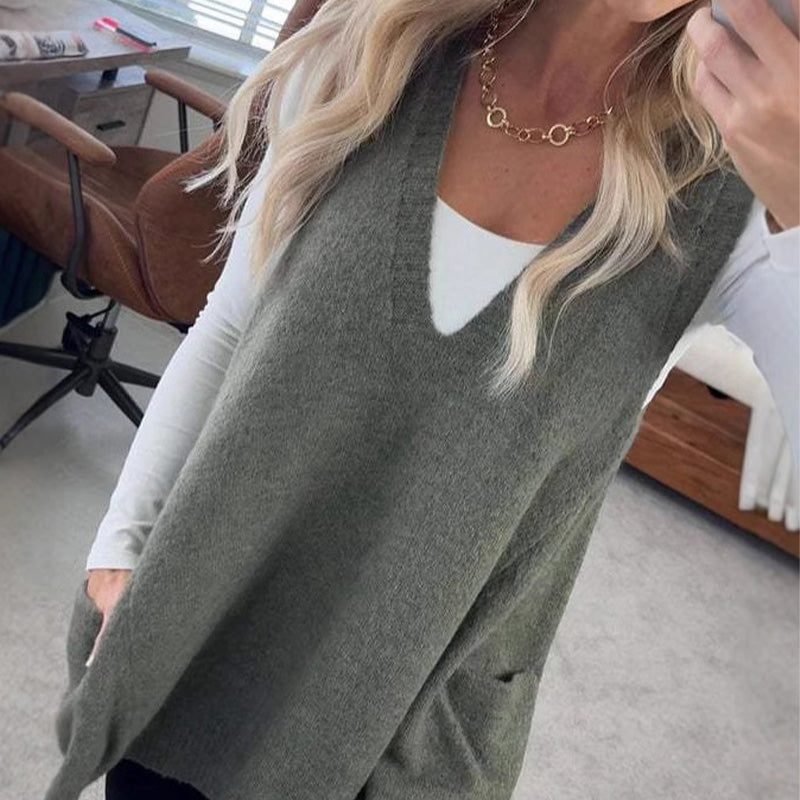 ❤️Räumungsverkauf❤️Damen Pullover-Weste mit V-Ausschnitt und Taschen