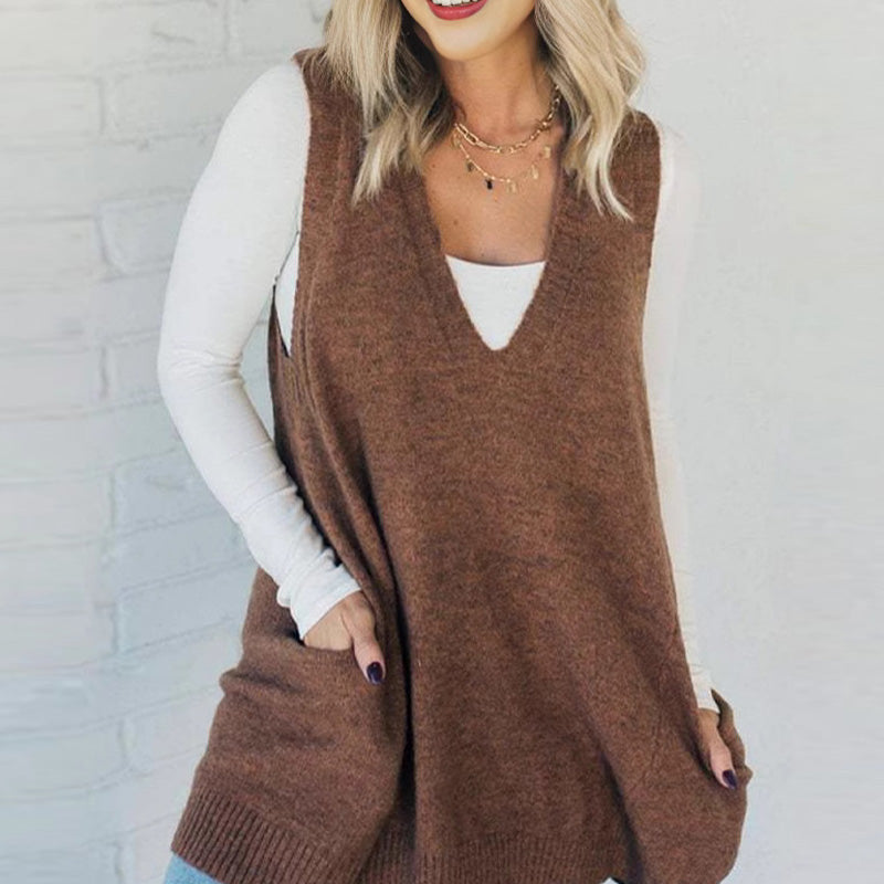 ❤️Räumungsverkauf❤️Damen Pullover-Weste mit V-Ausschnitt und Taschen