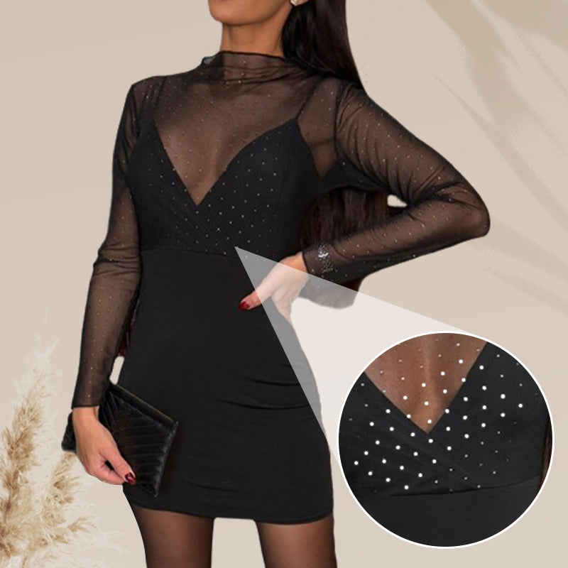 Sexy Bodycon-Kleid für Damen mit V-Ausschnitt, Mesh und Strass