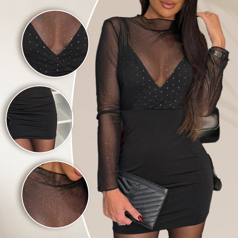 Sexy Bodycon-Kleid für Damen mit V-Ausschnitt, Mesh und Strass