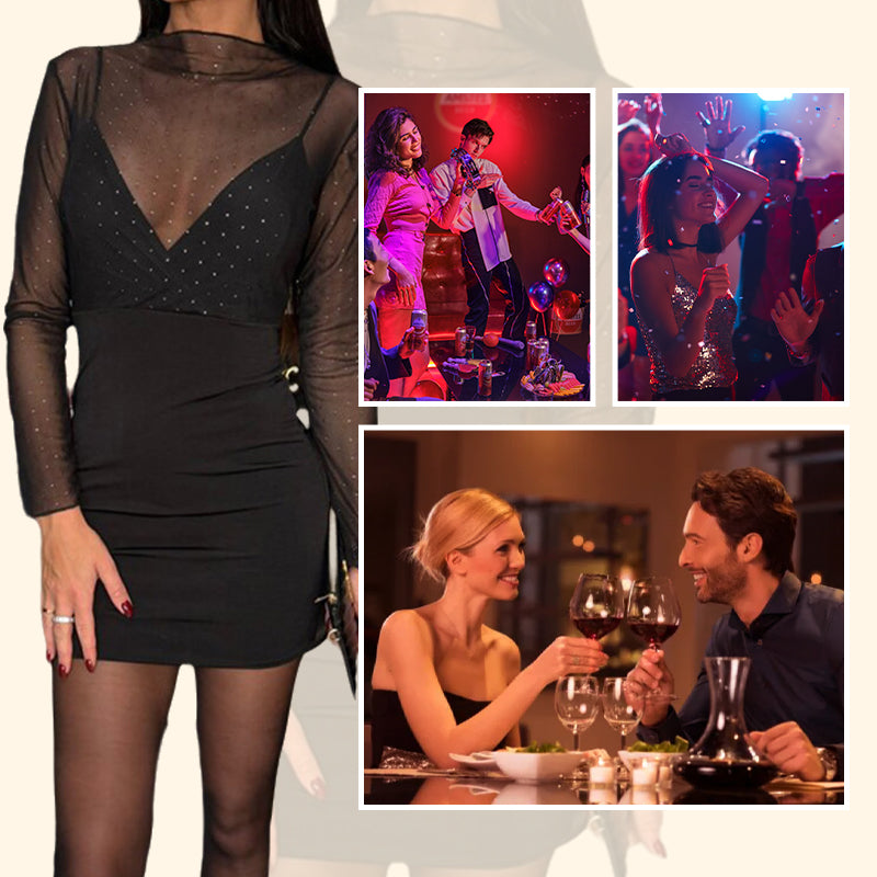 Sexy Bodycon-Kleid für Damen mit V-Ausschnitt, Mesh und Strass