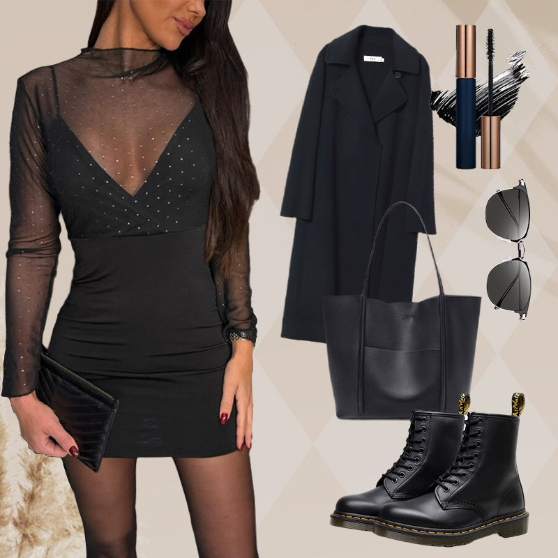 Sexy Bodycon-Kleid für Damen mit V-Ausschnitt, Mesh und Strass