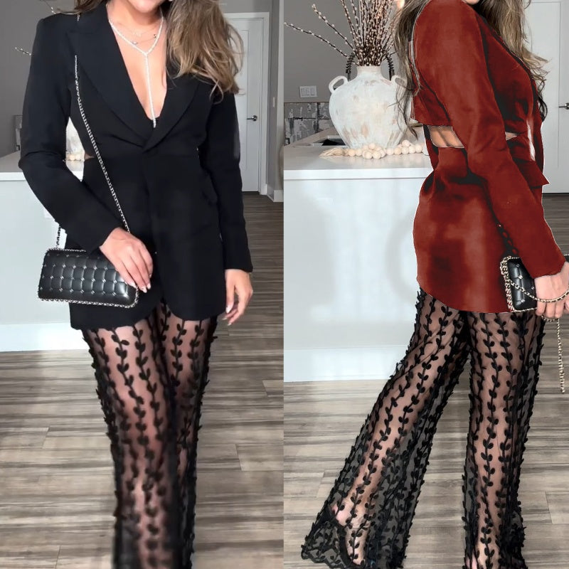 Set de 2 partes para mujeres: Blazer y pantalones de malla transparente