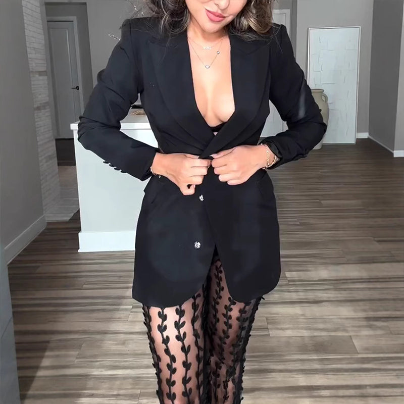 Set de 2 partes para mujeres: Blazer y pantalones de malla transparente