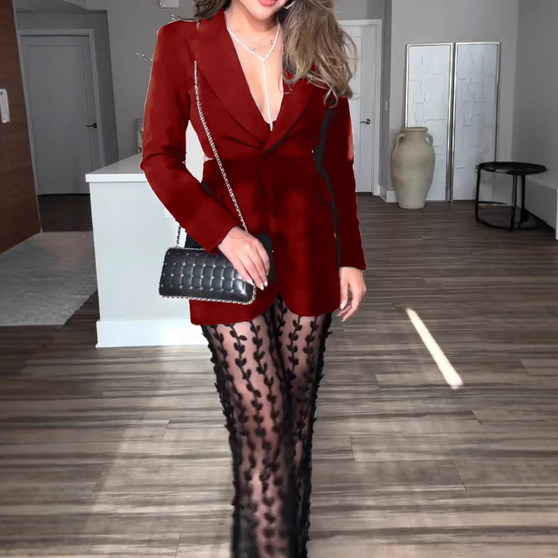 Set de 2 partes para mujeres: Blazer y pantalones de malla transparente