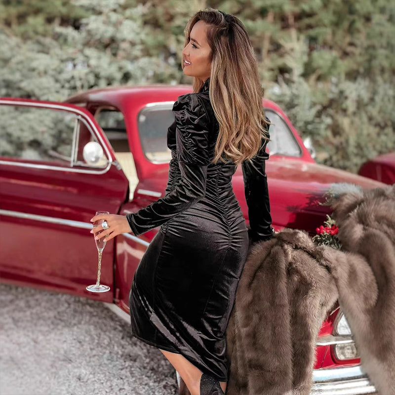 Vestido envuelto con cuello en V, mangas largas y hendidura
