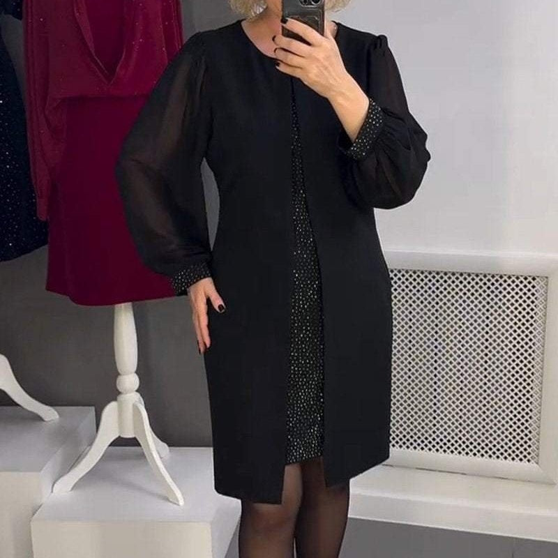 🔥VENTA CALIENTE - Vestido midi negro con decoración de pedrería