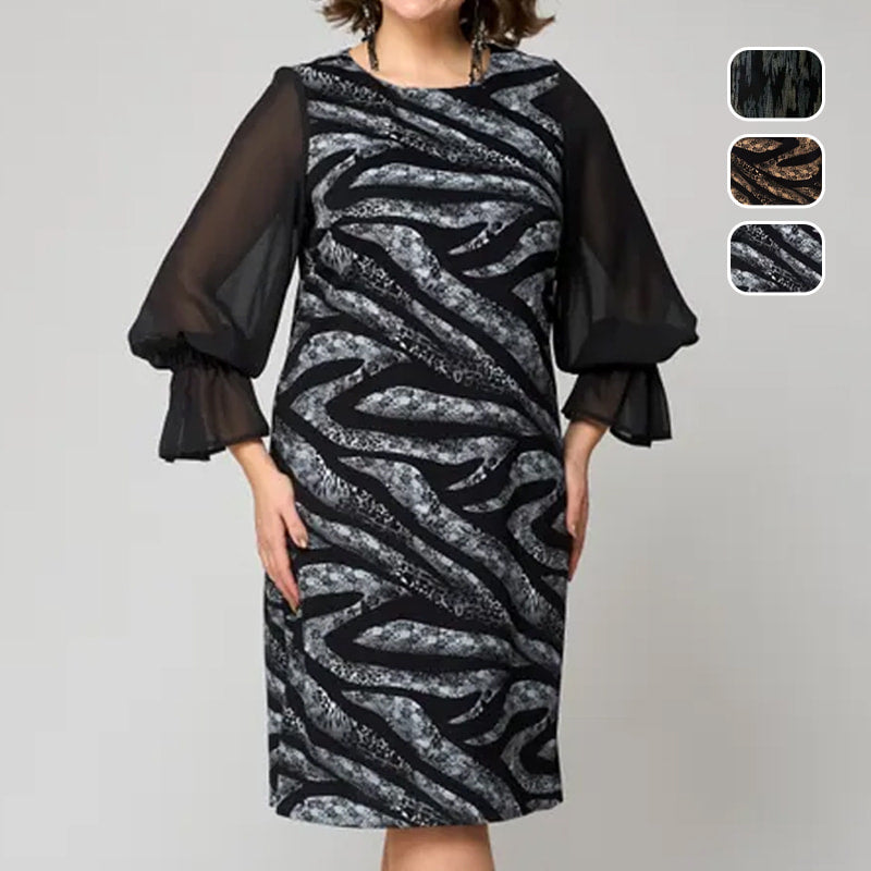 Bedrucktes Damenkleid mit Rundhalsausschnitt und langen Mesh-Ärmeln