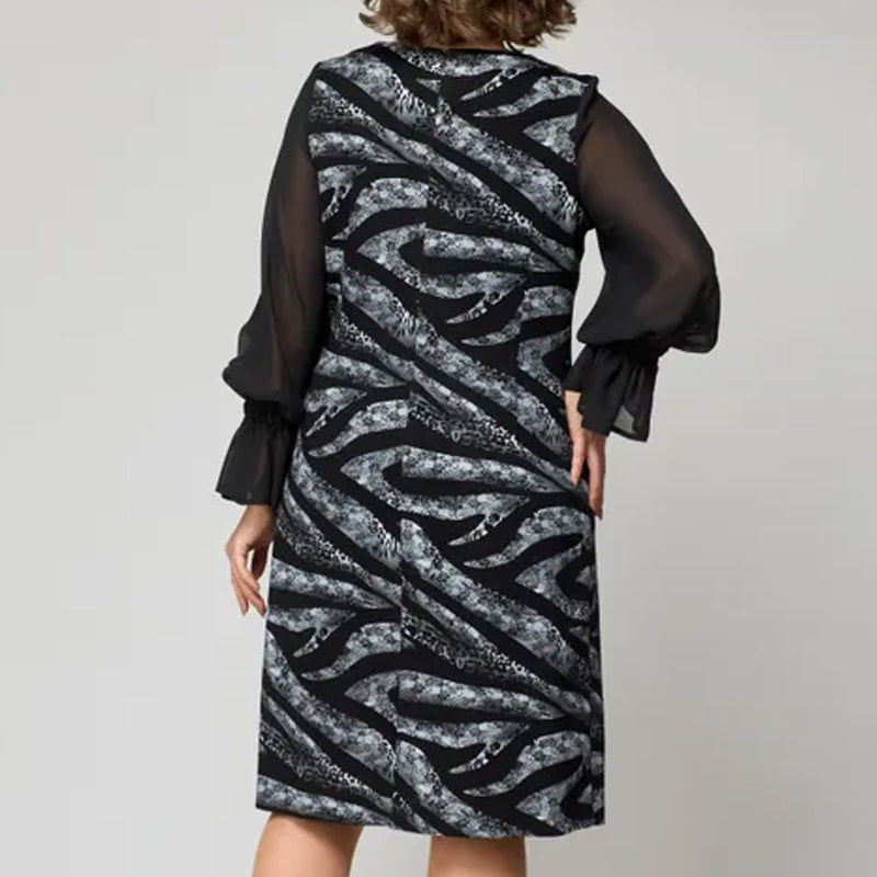 Bedrucktes Damenkleid mit Rundhalsausschnitt und langen Mesh-Ärmeln