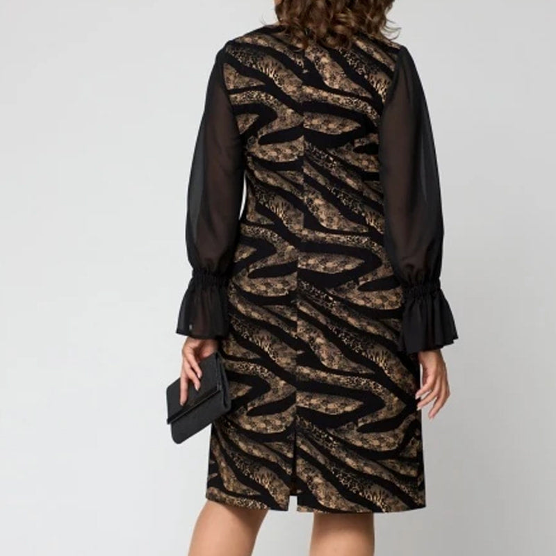 Bedrucktes Damenkleid mit Rundhalsausschnitt und langen Mesh-Ärmeln