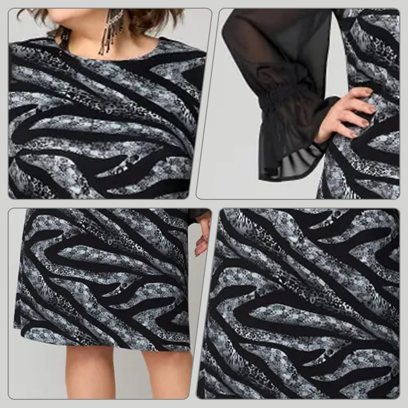 Bedrucktes Damenkleid mit Rundhalsausschnitt und langen Mesh-Ärmeln