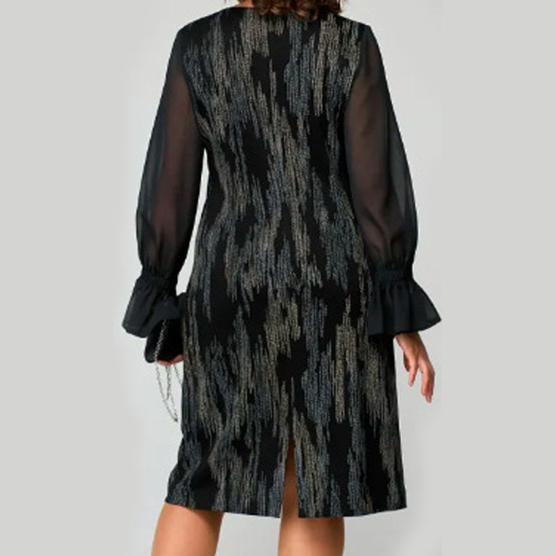 Bedrucktes Damenkleid mit Rundhalsausschnitt und langen Mesh-Ärmeln