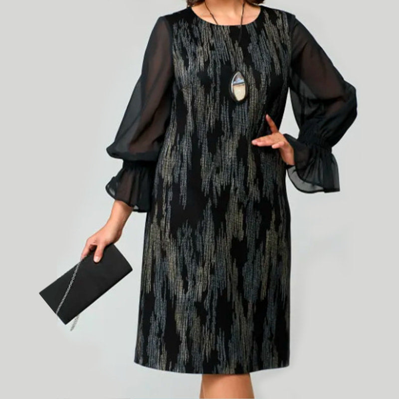 Bedrucktes Damenkleid mit Rundhalsausschnitt und langen Mesh-Ärmeln