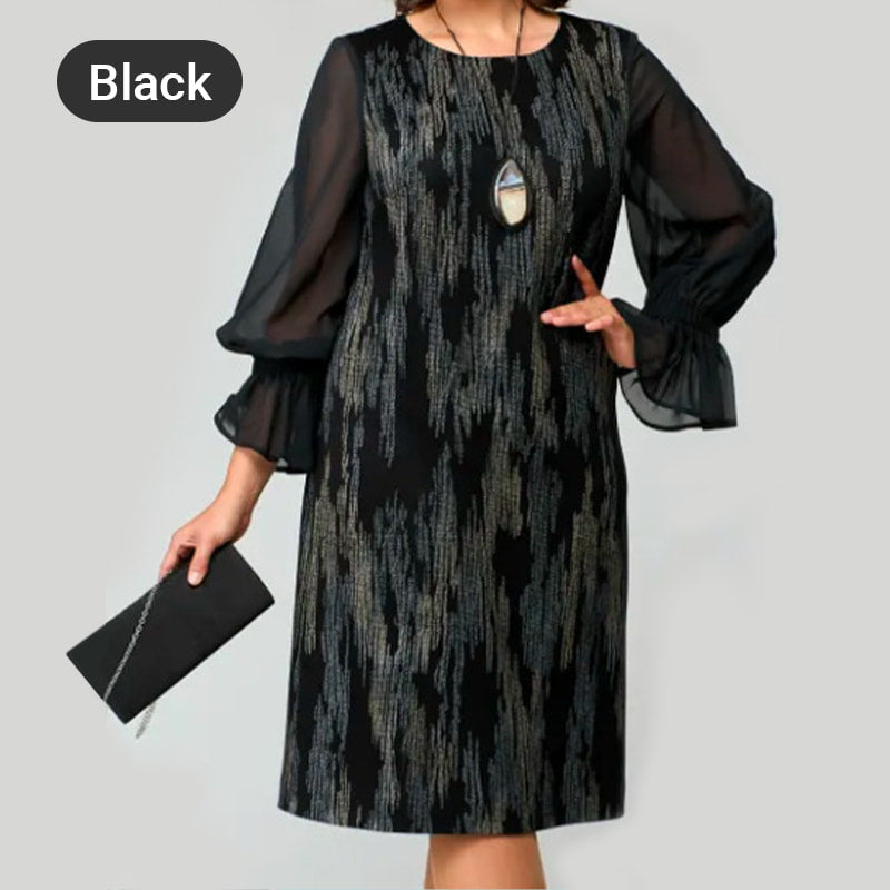 Bedrucktes Damenkleid mit Rundhalsausschnitt und langen Mesh-Ärmeln