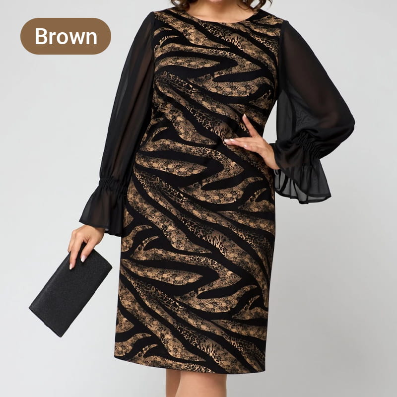Bedrucktes Damenkleid mit Rundhalsausschnitt und langen Mesh-Ärmeln
