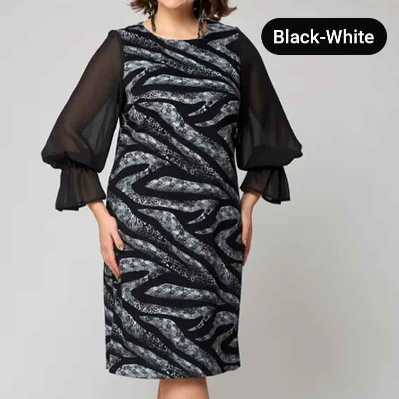 Bedrucktes Damenkleid mit Rundhalsausschnitt und langen Mesh-Ärmeln