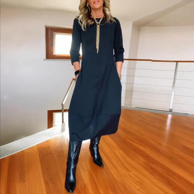 Vestido de cuello redondo informal y monocromático con bolsas para mujeres