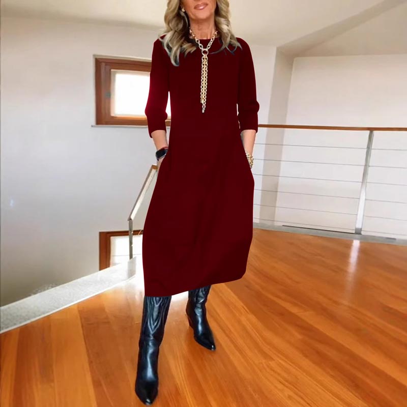 Vestido de cuello redondo informal y monocromático con bolsas para mujeres