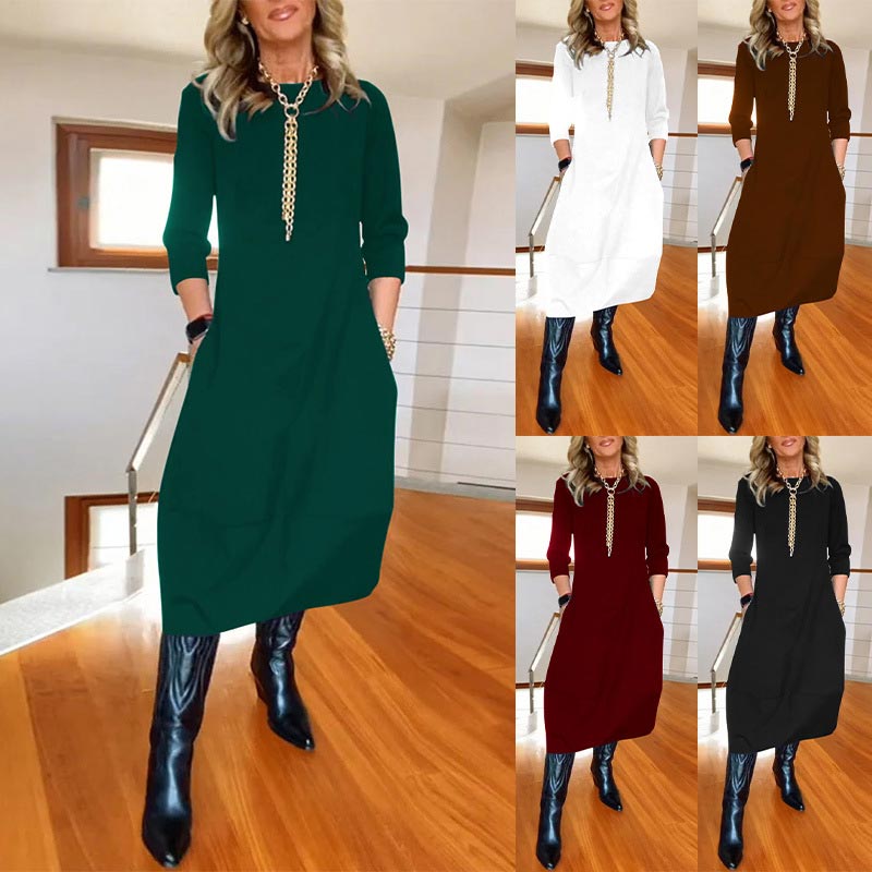 Vestido de cuello redondo informal y monocromático con bolsas para mujeres