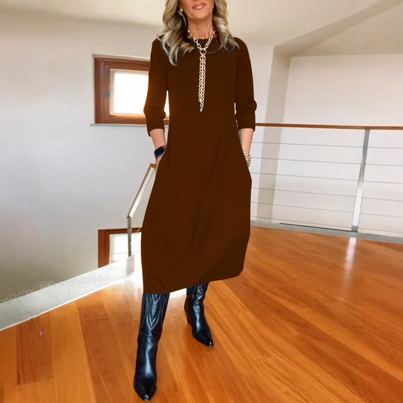 Vestido de cuello redondo informal y monocromático con bolsas para mujeres
