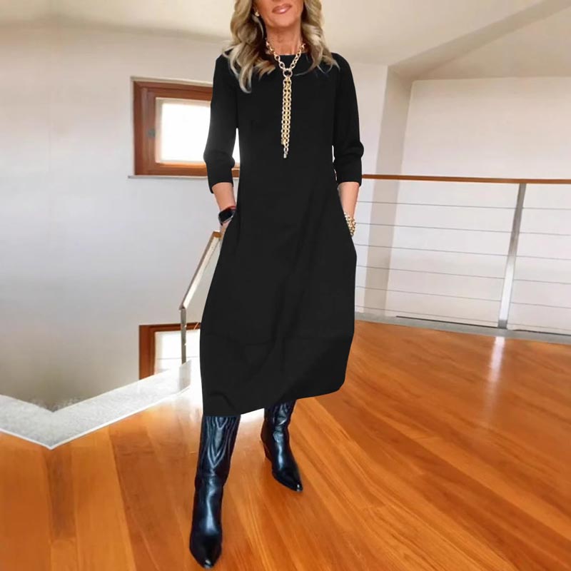 Vestido de cuello redondo informal y monocromático con bolsas para mujeres