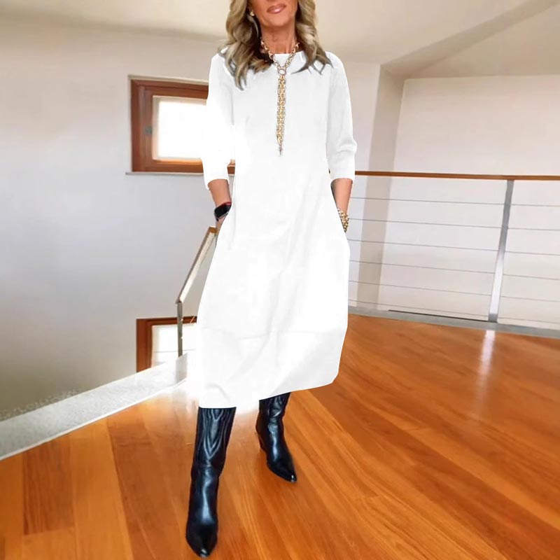 Vestido de cuello redondo informal y monocromático con bolsas para mujeres