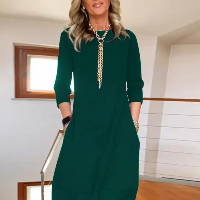 Vestido de cuello redondo informal y monocromático con bolsas para mujeres