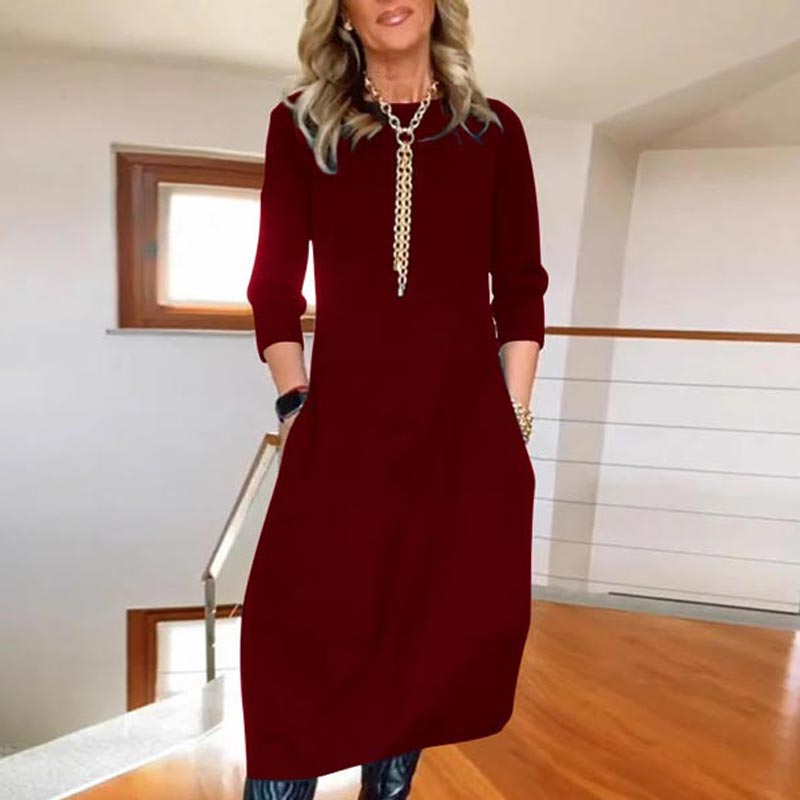 Vestido de cuello redondo informal y monocromático con bolsas para mujeres