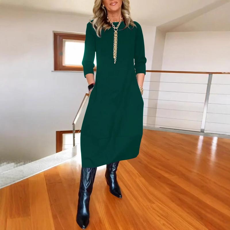 Vestido de cuello redondo informal y monocromático con bolsas para mujeres