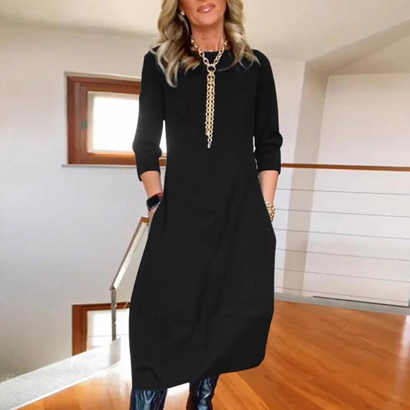 Vestido de cuello redondo informal y monocromático con bolsas para mujeres