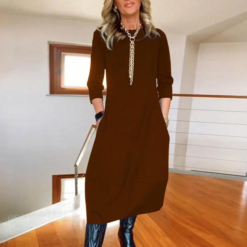 Vestido de cuello redondo informal y monocromático con bolsas para mujeres