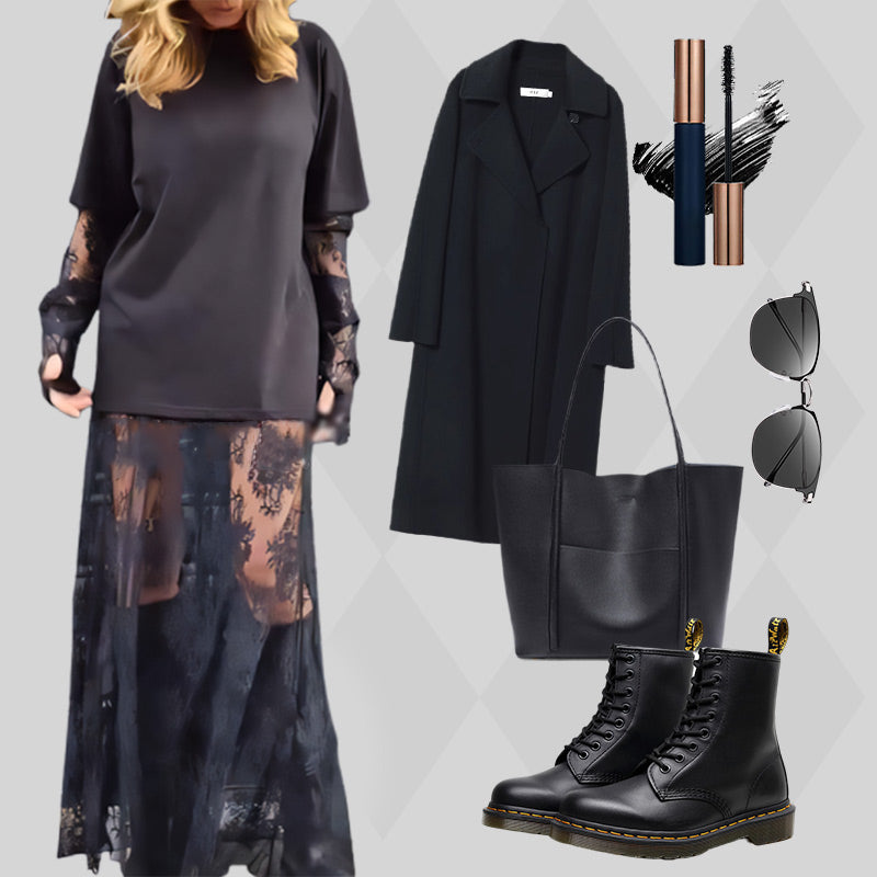 👗✨Elegantes, transparentes Spitzenkleid mit T-Shirt für Damen, 2-teiliges Set💖