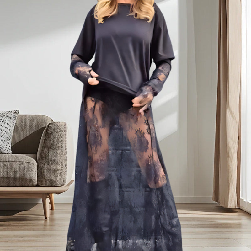 👗✨Elegantes, transparentes Spitzenkleid mit T-Shirt für Damen, 2-teiliges Set💖