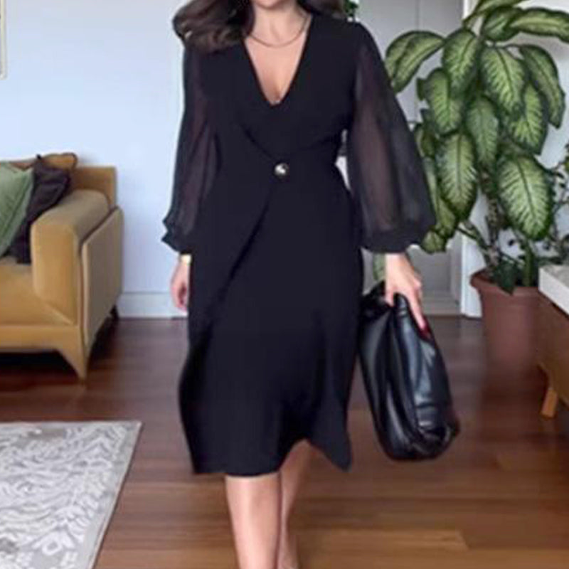 Vestido elegante con un cuello en V y mangas largas de linterna hechas de malla para mujeres