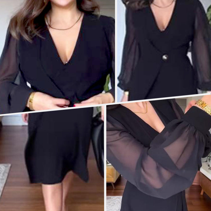 Vestido elegante con un cuello en V y mangas largas de linterna hechas de malla para mujeres