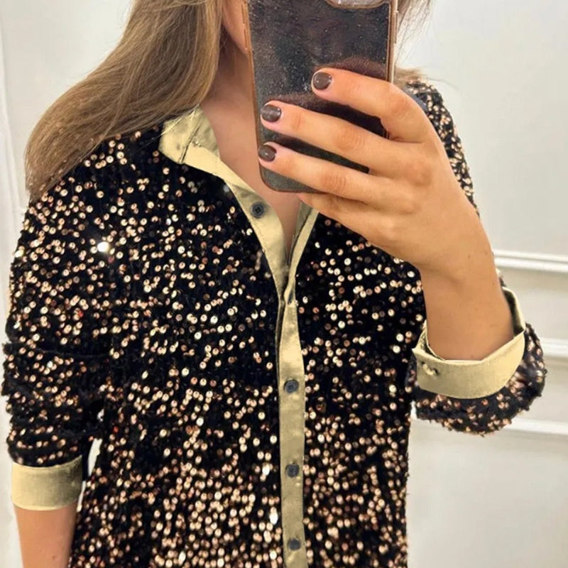 🌹Camisa de fiesta con solapa brillante para mujer