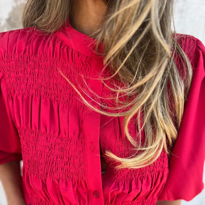 Camisa casual y plisada de mujeres con un escote redondo y botones