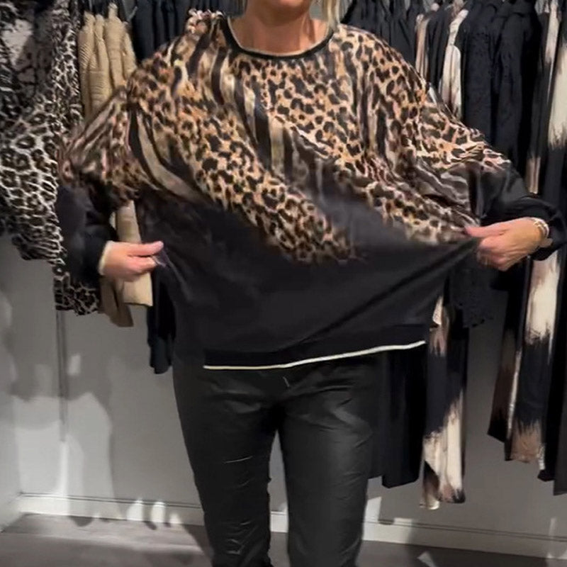 ✨Top informal holgado con cuello redondo y estampado de leopardo🐾