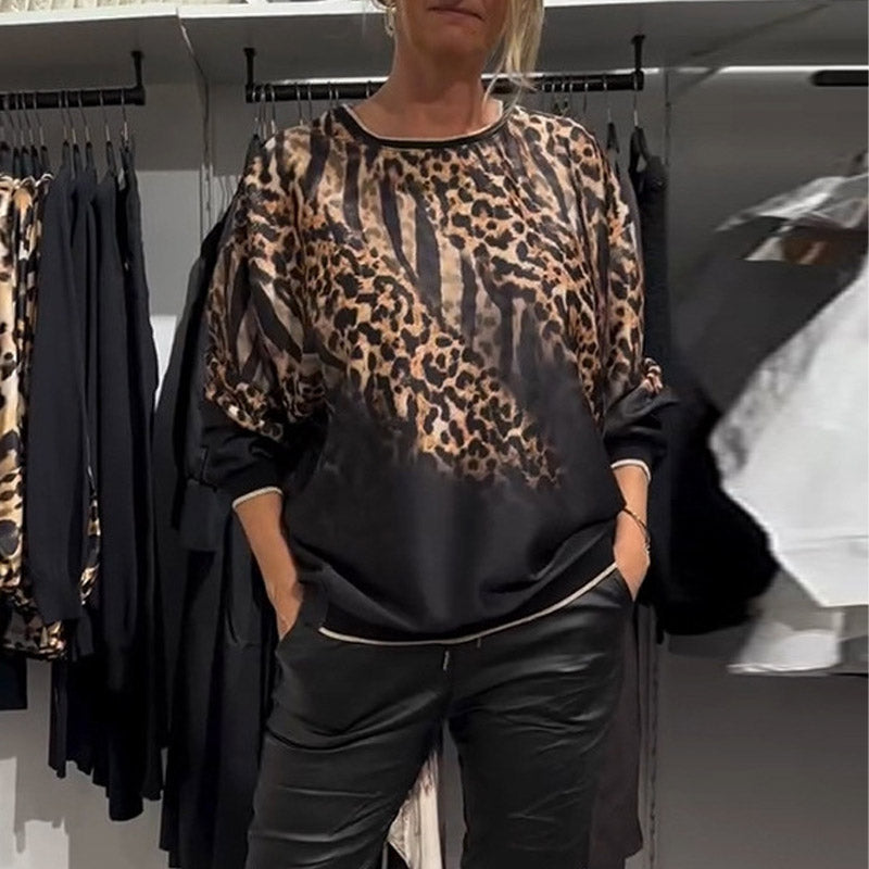 ✨Top informal holgado con cuello redondo y estampado de leopardo🐾