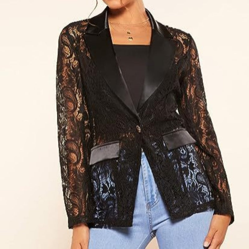 Damen Eleganter Spitzenblazer mit  Ein-Knopf-Verschluss