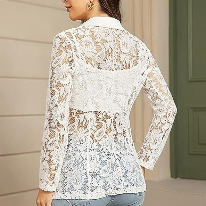 Damen Eleganter Spitzenblazer mit  Ein-Knopf-Verschluss