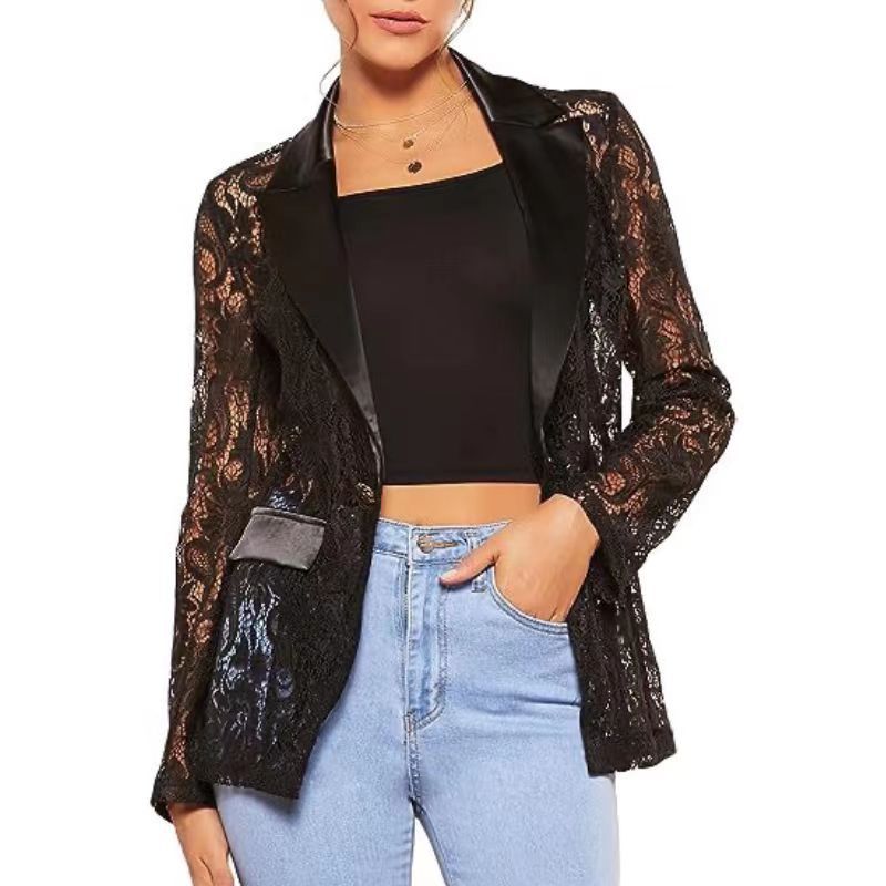 Damen Eleganter Spitzenblazer mit  Ein-Knopf-Verschluss