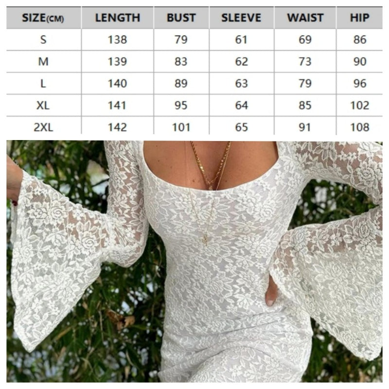 Vestido de encaje con mangas de trompeta, dobladillo de ranura y corte de cintura