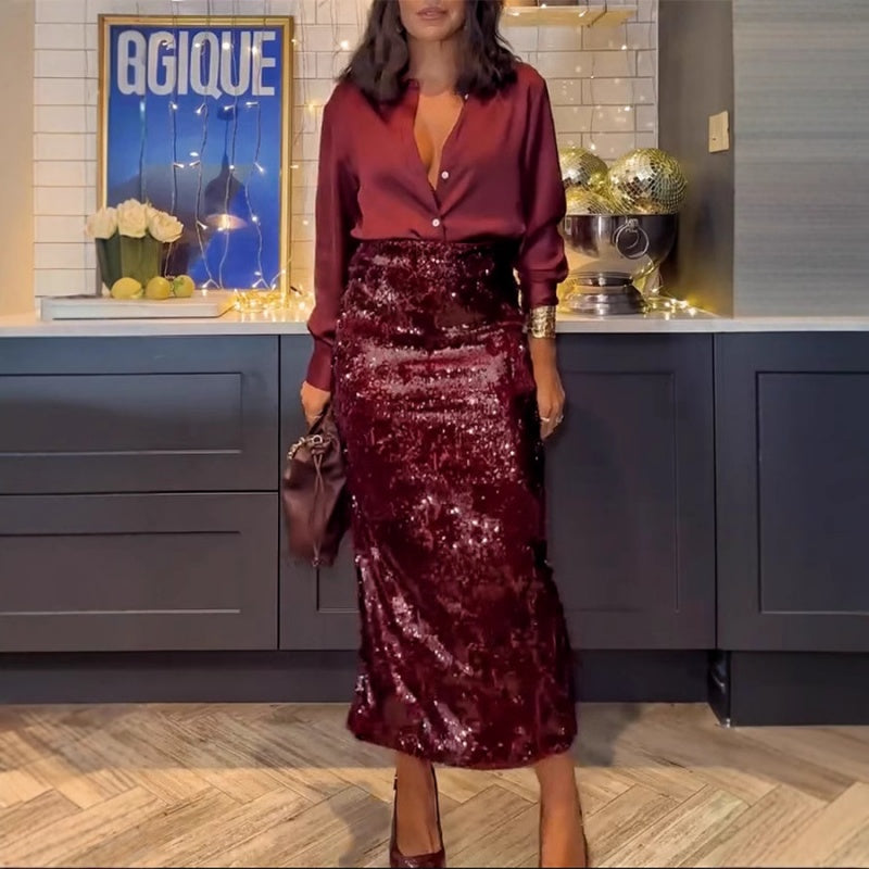💥Venta caliente 50% de descuento💃Elegante conjunto de 2 piezas de top y falda de lentejuelas para mujer
