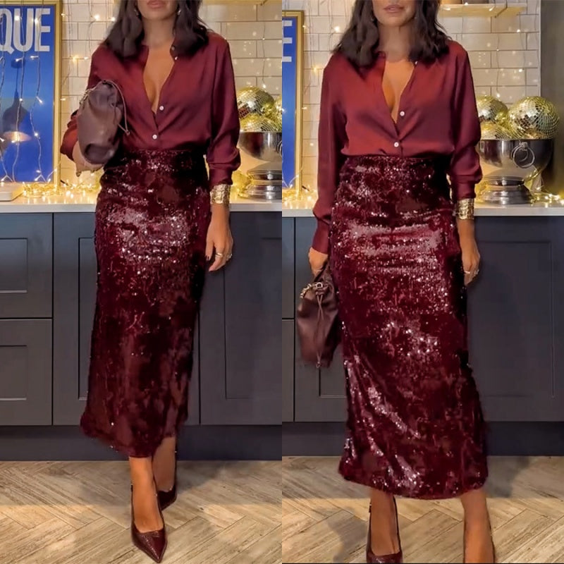 💥Venta caliente 50% de descuento💃Elegante conjunto de 2 piezas de top y falda de lentejuelas para mujer