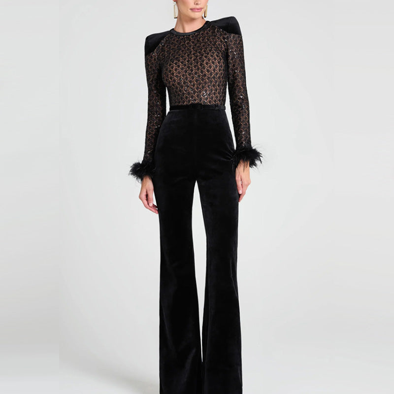 Damen Overall mit Gürtel, Schlaghose und langen Ärmeln